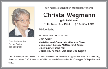 Traueranzeige von Christa Wegmann von Allgäuer Zeitung,Kempten