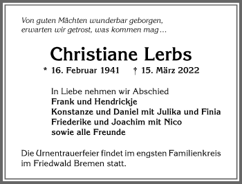 Traueranzeige von Christiane Lerbs von Allgäuer Anzeigeblatt