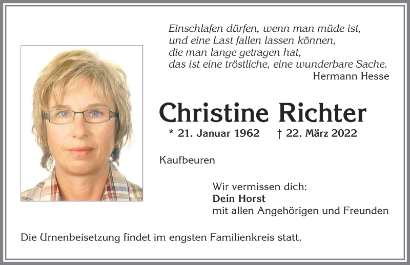  Traueranzeige für Christine Richter vom 26.03.2022 aus Allgäuer Zeitung, Kaufbeuren/Buchloe