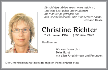 Traueranzeige von Christine Richter von Allgäuer Zeitung, Kaufbeuren/Buchloe