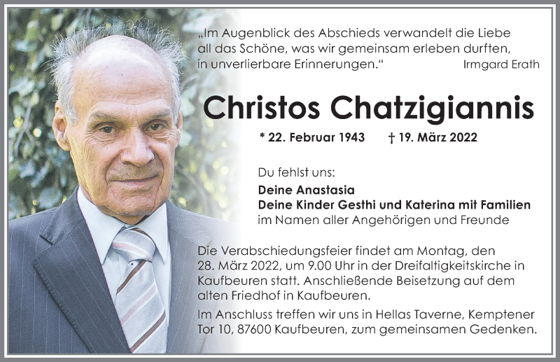  Traueranzeige für Christos Chatzigiannis vom 26.03.2022 aus Allgäuer Zeitung, Kaufbeuren/Buchloe
