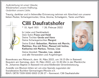 Traueranzeige von Cilli Daufratshofer von Allgäuer Zeitung, Kaufbeuren/Buchloe