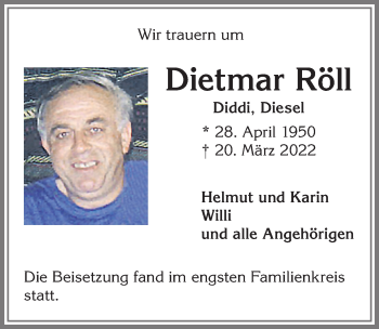 Traueranzeige von Dietmar Röll von Allgäuer Zeitung, Kaufbeuren/Buchloe
