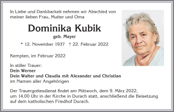 Traueranzeige von Dominika Kubik von Allgäuer Zeitung,Kempten