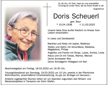 Traueranzeige von Doris Scheuer von Der Westallgäuer