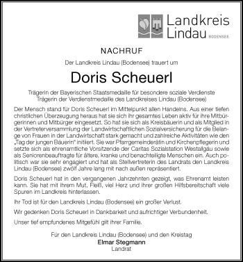 Traueranzeige von Doris Scheuerl von Der Westallgäuer