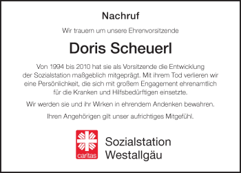 Traueranzeige von Doris Scheuerl von Der Westallgäuer