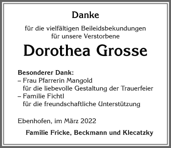 Traueranzeige von Dorothea Grosse von Allgäuer Zeitung, Marktoberdorf