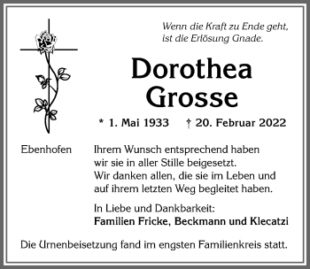 Traueranzeige von Dorothea Grosse von Allgäuer Zeitung, Marktoberdorf