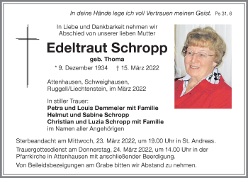 Traueranzeige von Edeltraut Schropp von Memminger Zeitung