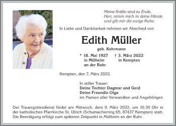 Traueranzeige von Edith Müller von Allgäuer Zeitung,Kempten