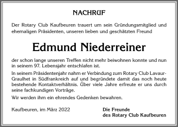 Traueranzeige von Edmund Niederreiner von Allgäuer Zeitung, Kaufbeuren/Buchloe