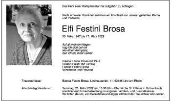 Traueranzeige von Elfi Festini Brosa von Der Westallgäuer