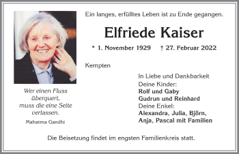 Traueranzeige von Elfriede Kaiser von Allgäuer Zeitung,Kempten