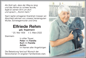 Traueranzeige von Elfriede Rehm von Memminger Zeitung
