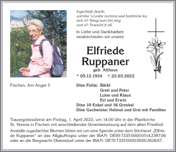 Traueranzeige von Elfriede Ruppaner von Allgäuer Anzeigeblatt