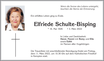 Traueranzeige von Elfriede Schulte-Bisping von Allgäuer Zeitung,Kempten