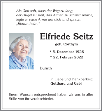 Traueranzeige von Elfriede Seitz von Allgäuer Zeitung,Kempten