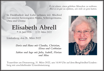 Traueranzeige von Elisabeth Abrell von Der Westallgäuer