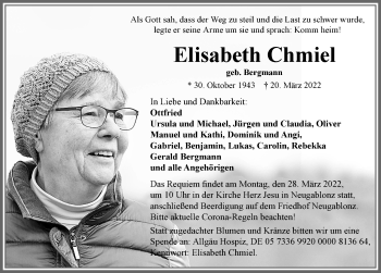 Traueranzeige von Elisabeth Chmiel von Allgäuer Zeitung, Kaufbeuren/Buchloe
