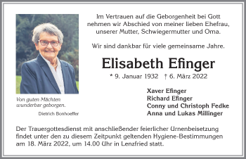 Traueranzeige von Elisabeth Efinger von Allgäuer Zeitung,Kempten