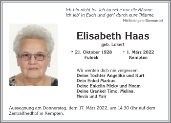 Traueranzeige von Elisabeth Haas von Allgäuer Zeitung,Kempten