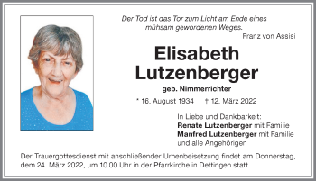 Traueranzeige von Elisabeth Lutzenberger von Memminger Zeitung