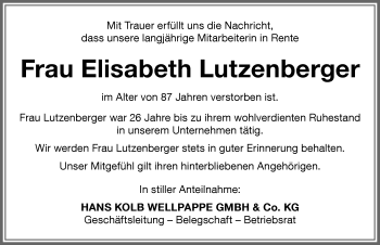 Traueranzeige von Elisabeth Lutzenberger von Memminger Zeitung