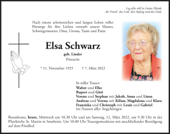 Traueranzeige von Elsa Schwarz von Memminger Zeitung