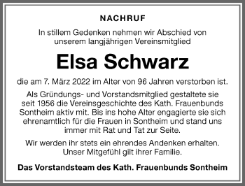 Traueranzeige von Elsa Schwarz von Memminger Zeitung