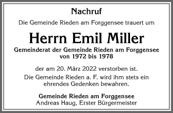 Traueranzeige von Emil Miller von Allgäuer Zeitung, Füssen