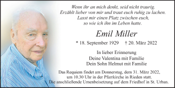 Traueranzeige von Emil Miller von Allgäuer Zeitung, Füssen