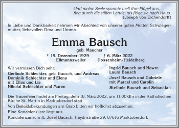 Traueranzeige von Emma Bausch von Allgäuer Zeitung, Marktoberdorf