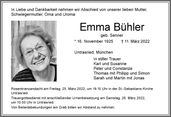Traueranzeige von Emma Bühler von Allgäuer Zeitung, Marktoberdorf