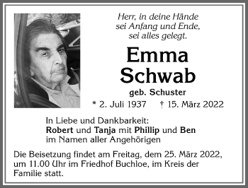 Traueranzeige von Emma Schwab von Allgäuer Zeitung, Kaufbeuren/Buchloe