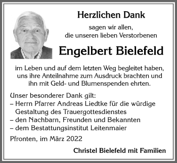 Traueranzeige von Engelbert Bielefeld von Allgäuer Zeitung, Füssen