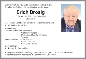 Traueranzeige von Erich Brosig von Memminger Zeitung