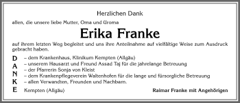Traueranzeige von Erika Franke von Allgäuer Zeitung,Kempten