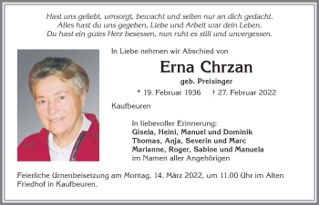 Traueranzeige von Erna Chrzan von Allgäuer Zeitung, Kaufbeuren/Buchloe