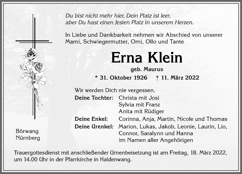  Traueranzeige für Erna Klein vom 16.03.2022 aus Allgäuer Zeitung,Kempten