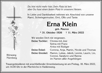Traueranzeige von Erna Klein von Allgäuer Zeitung,Kempten