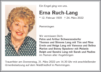 Traueranzeige von Erna Ruch-Lang von Memminger Zeitung