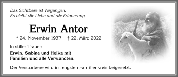 Traueranzeige von Erwin Antor von Allgäuer Zeitung,Kempten