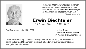Traueranzeige von Erwin Biechteler von Memminger Zeitung