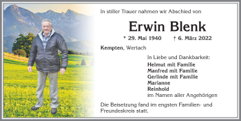 Traueranzeige von Erwin Blenk von Allgäuer Anzeigeblatt