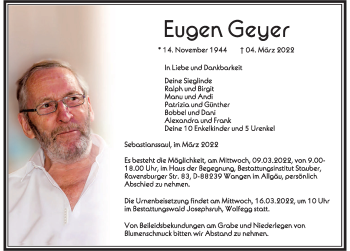 Traueranzeige von Eugen Geyer von Der Westallgäuer