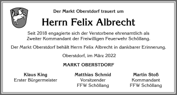 Traueranzeige von Felix Albrecht von Allgäuer Anzeigeblatt