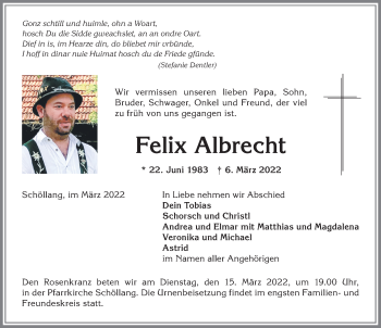 Traueranzeige von Felix Albrecht von Allgäuer Anzeigeblatt