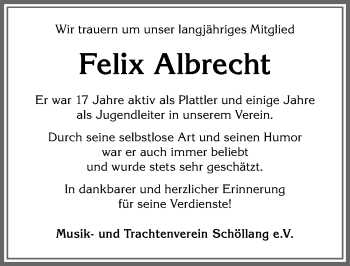 Traueranzeige von Felix Albrecht von Allgäuer Anzeigeblatt