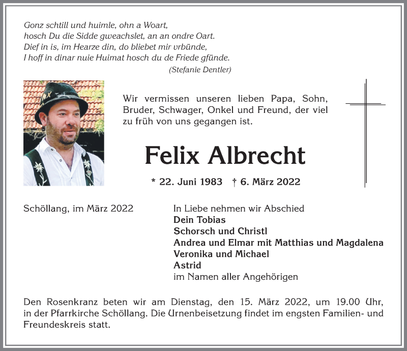  Traueranzeige für Felix Albrecht vom 14.03.2022 aus Allgäuer Anzeigeblatt